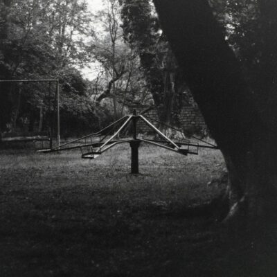 Abandoned merry-go-round beneath trees, representing intuition and timing