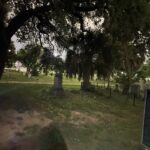 Path through a historic San Antonio cemetery with headstones beneath large trees