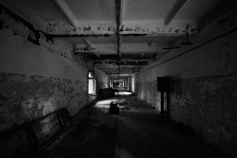 Dark hallway inside Waverly Hills Sanatorium in Louisville, Kentucky